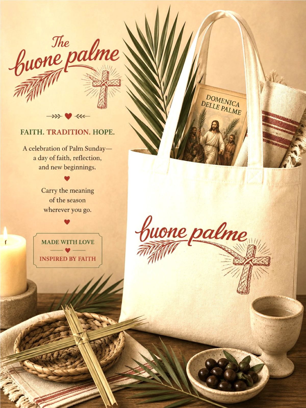 White tote bag with 'buone palme' design, palm leaves, and religious book on a wooden surface.