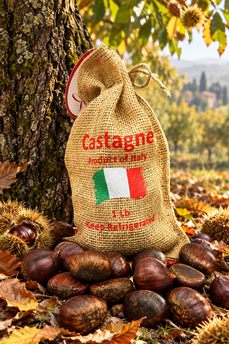 Burlap bag of chestnuts beneath a chestnut tree