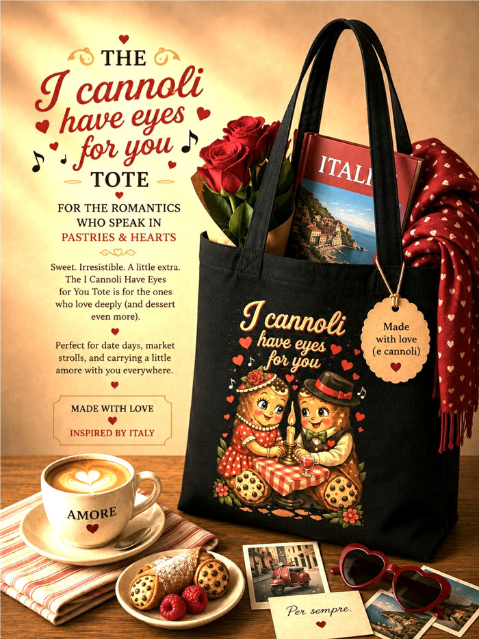 Black tote bag with 'I cannoli have eyes for you' design
