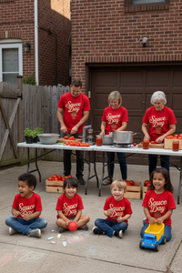 Children and adults in matching red Sauce Day shirts