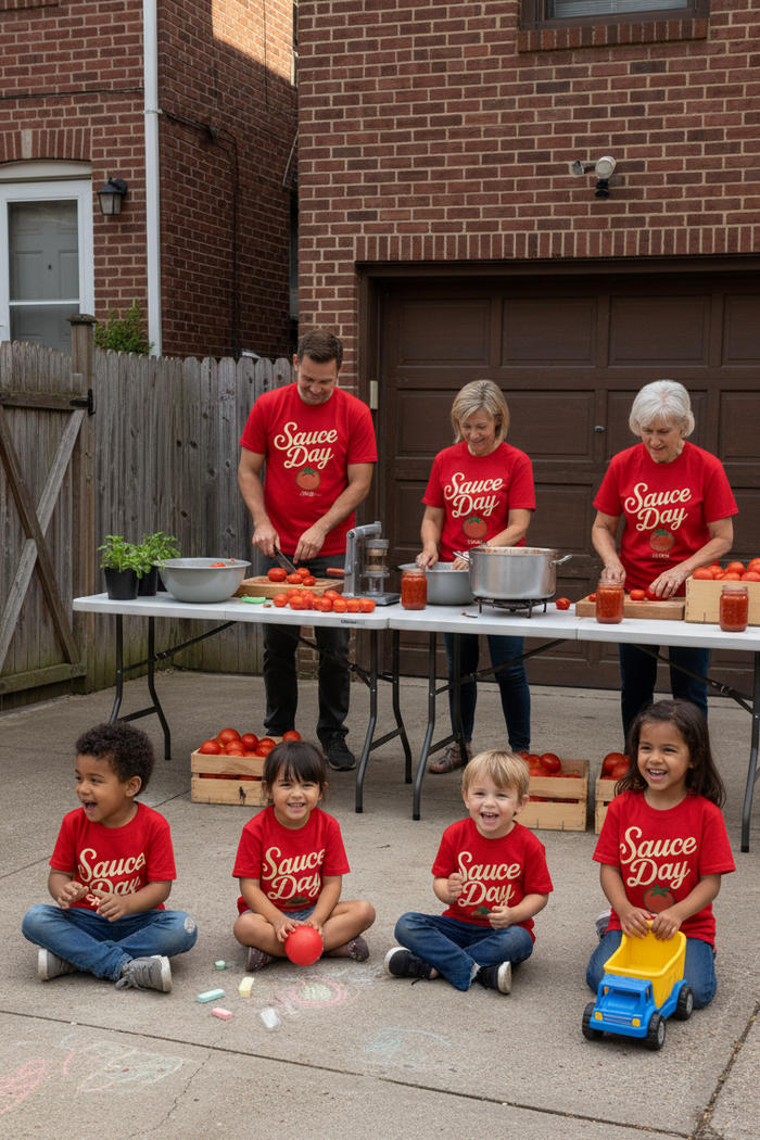 Children and adults in matching red Sauce Day shirts