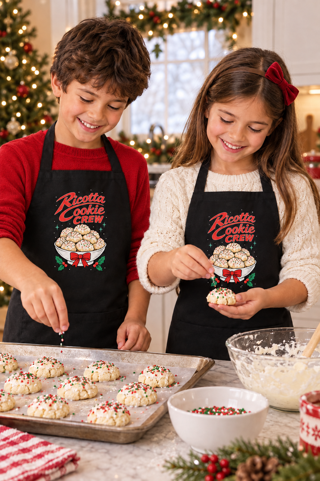 Children baking Christmas cookies, boy wearing red shirt beneath black apron