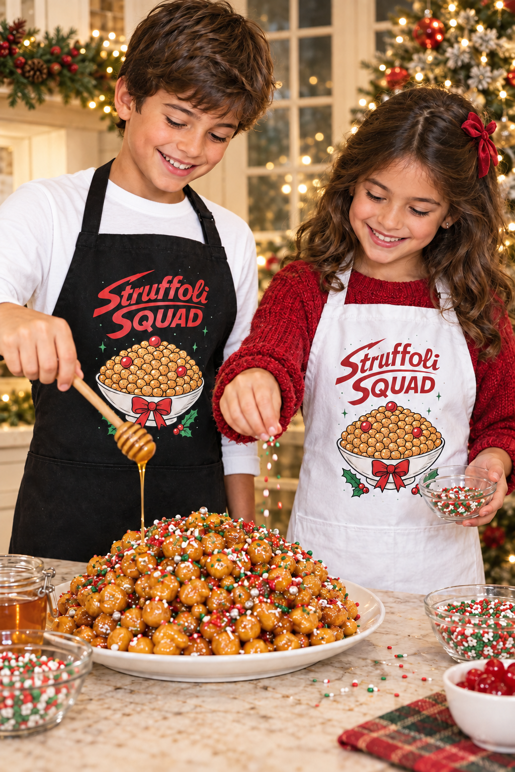 Children in Struffoli Squad aprons, boy wearing a white shirt