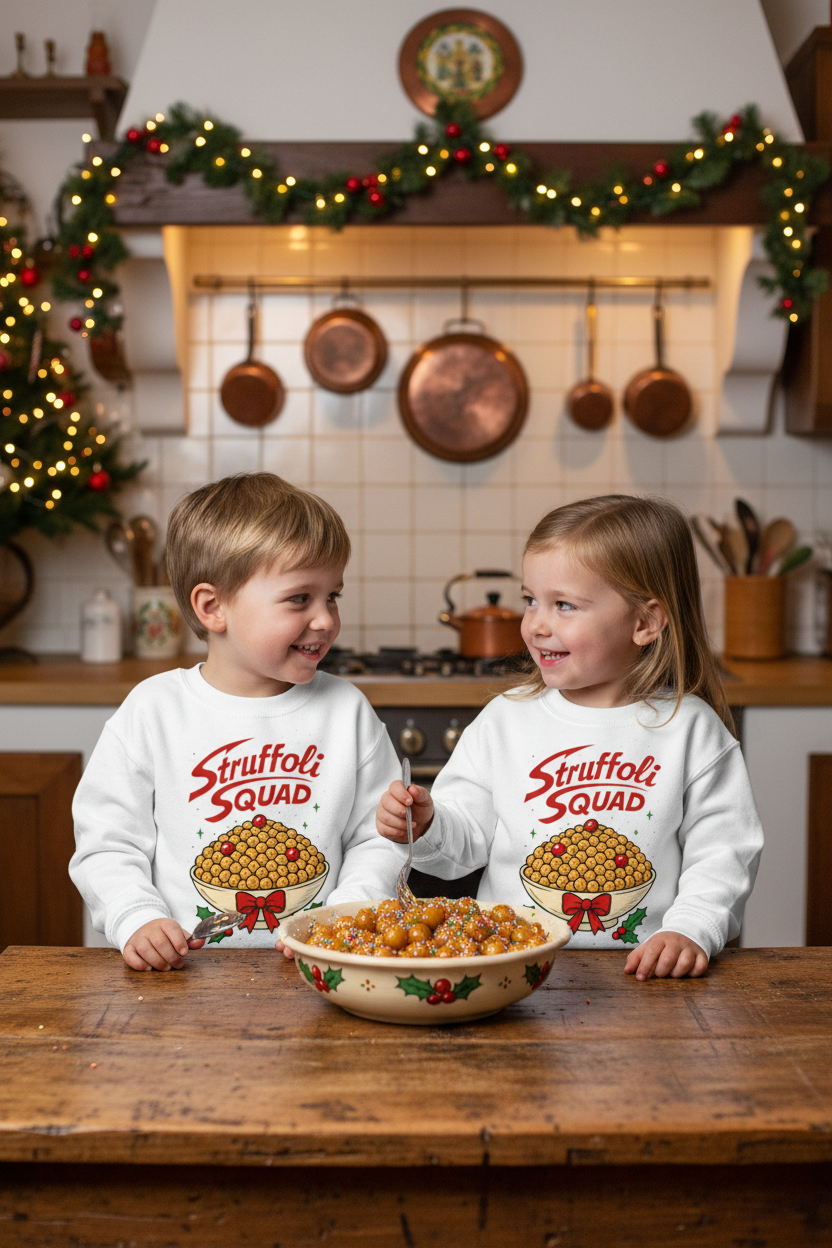 Children wearing matching Struffoli Squad sweatshirts