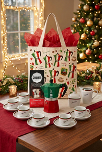 Christmas coffee gift set with Bialetti ground coffee beside the coffee pot