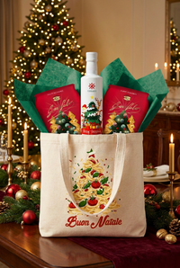 Christmas gift bundle with green tissue paper on a festive dining table