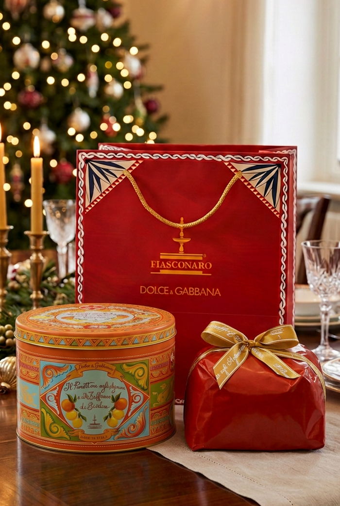 Christmas lifestyle photo with Agrumi tin and red-wrapped panettone