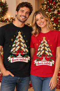 Christmas lifestyle photo with black and red cannoli tree T-shirts