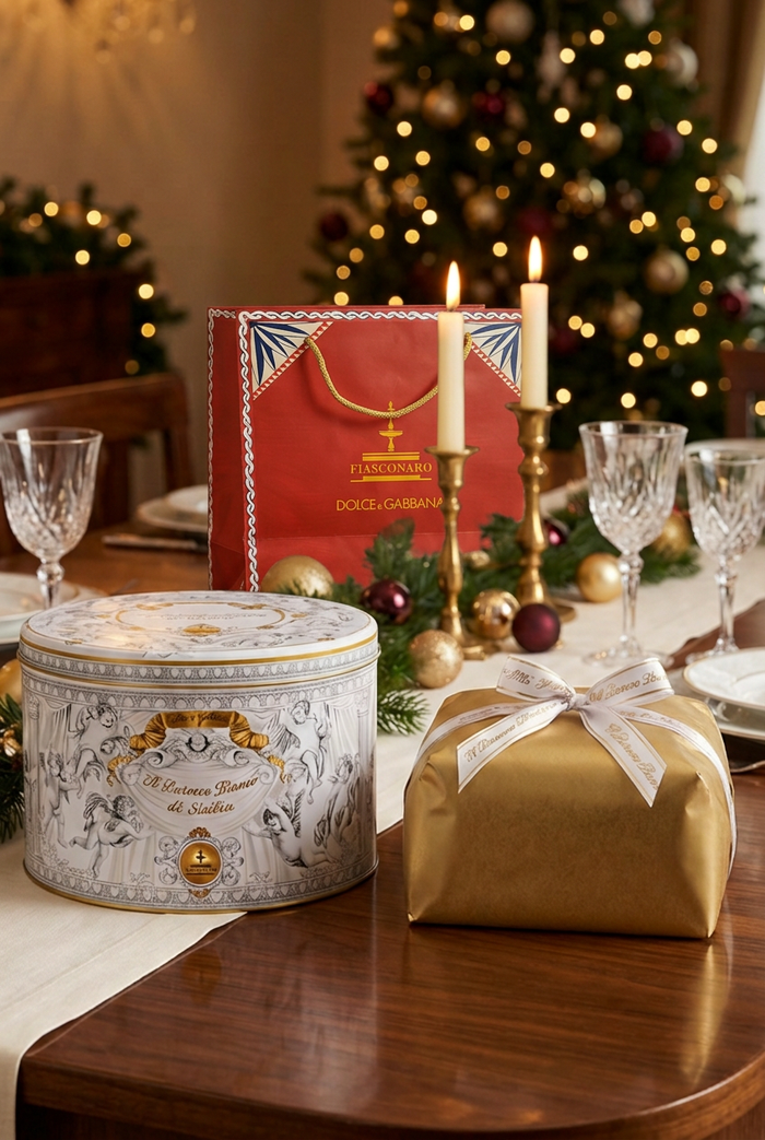 Christmas scene with Barocco Bianco tin, gold-wrapped panettone and red Agrumi gift bag