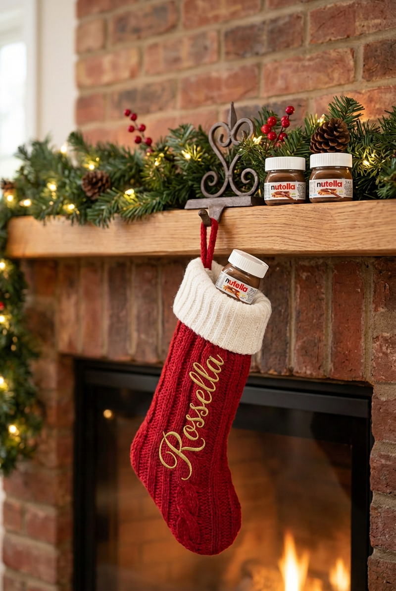 Christmas stocking personalized with Rossella in gold script lengthwise