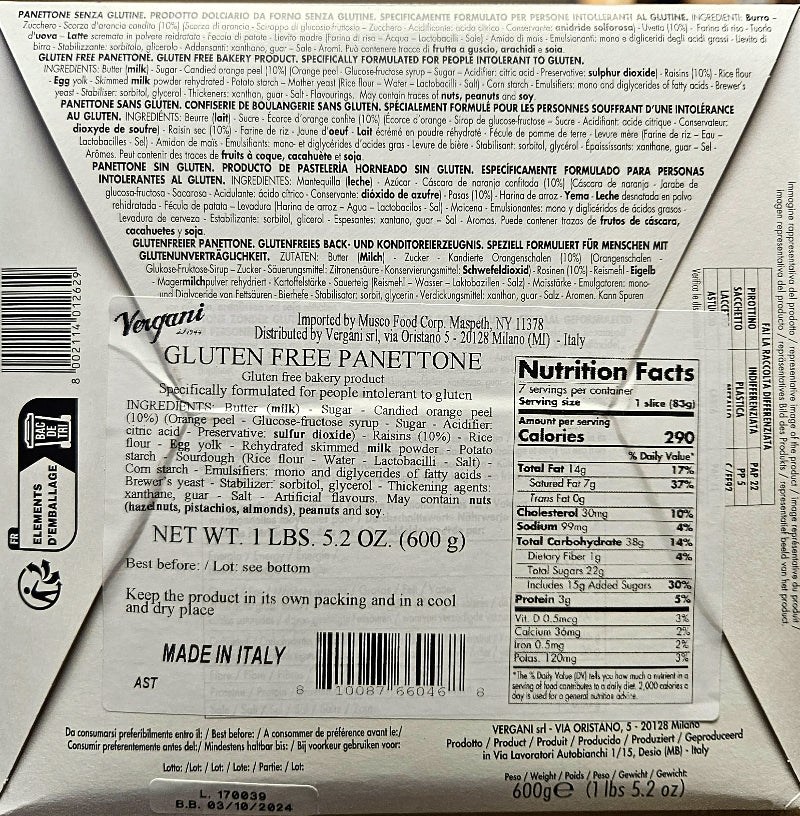 Gluten Free Panettone Classico by Vergani