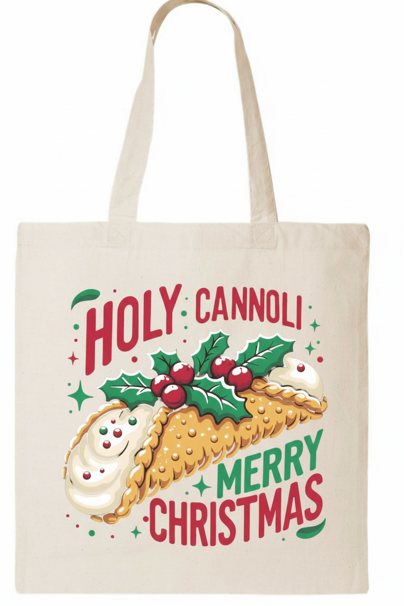 Corrected natural tote with Holy Cannoli Merry Christmas logo