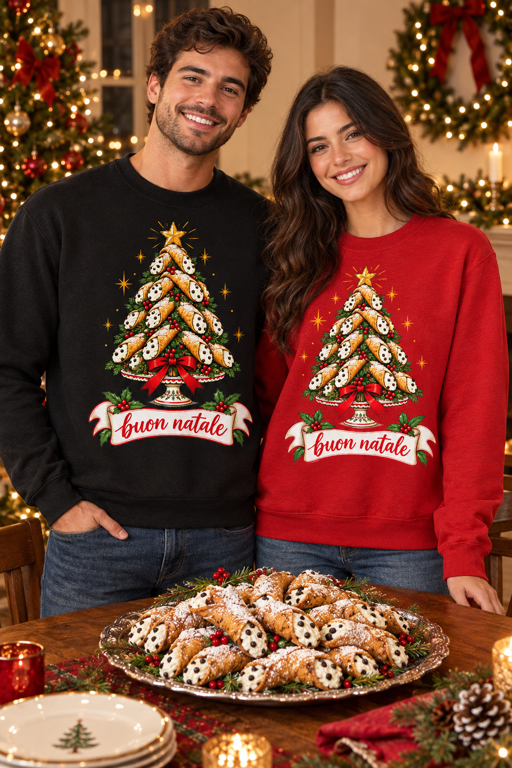 Couple in cannoli tree sweatshirts behind a platter of cannoli in a Christmas dining room