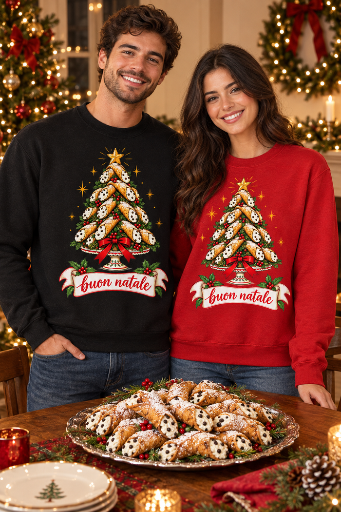 Couple in cannoli tree sweatshirts behind a platter of cannoli in a Christmas dining room