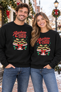 Couple outdoors wearing matching black Rainbow Cookie Crew sweatshirts