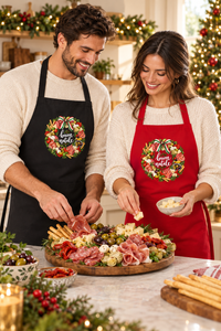 Couple wearing black and red Buon Natale Antipasto aprons while preparing an antipasto platter at Christmas