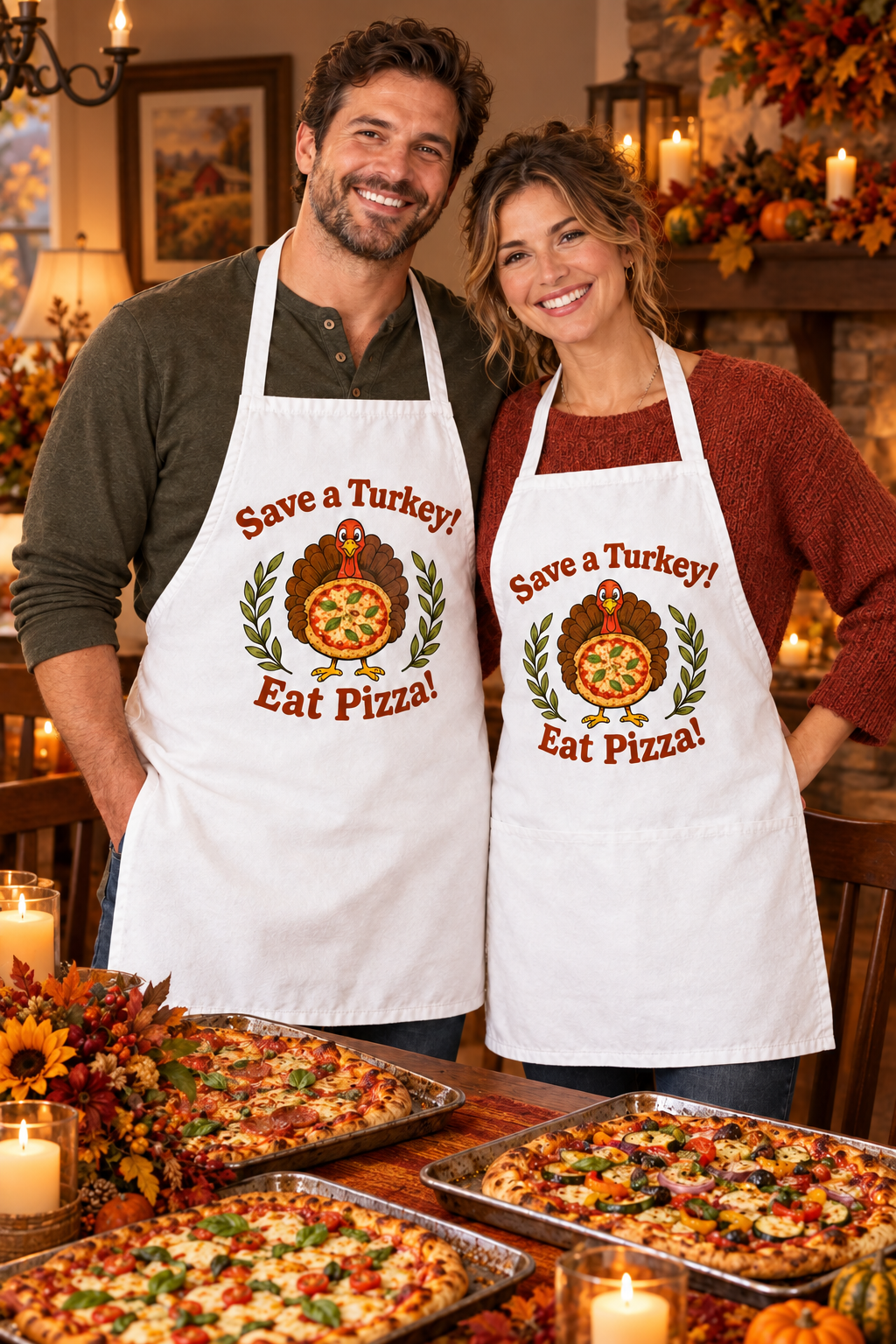 Couple wearing pizza aprons at a Thanksgiving pizza table