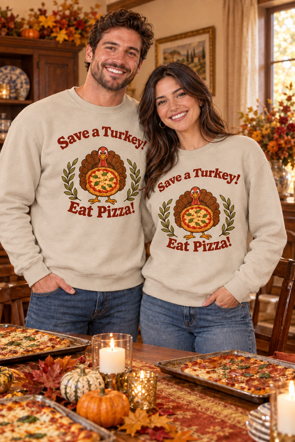 Couple wearing sand Save a Turkey! Eat Pizza! sweatshirts at Thanksgiving