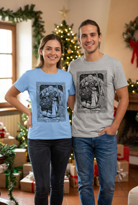 Couple wearing the blue and gray Befana Storybook tees