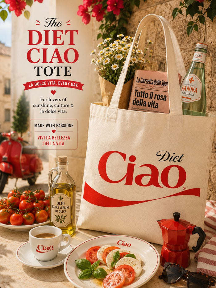 Diet Ciao tote bag with Italian-themed items on a table