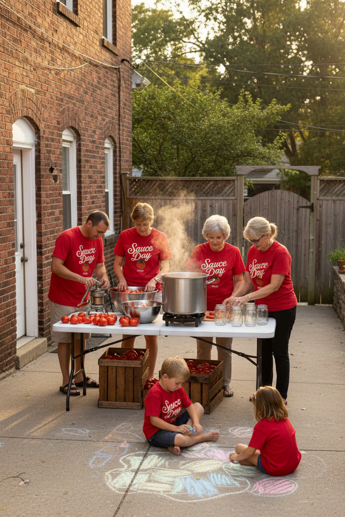 Family in matching red Sauce Day shirts