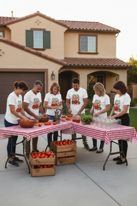 Family making tomato sauce in a home driveway