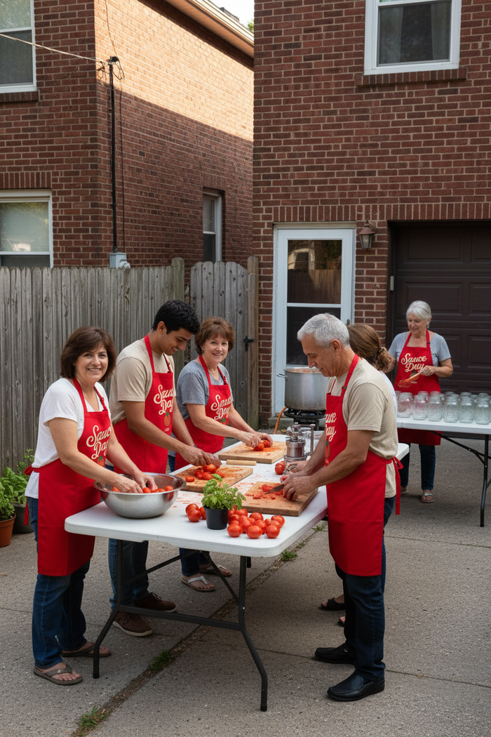 Family making tomato sauce in red Sauce Day aprons