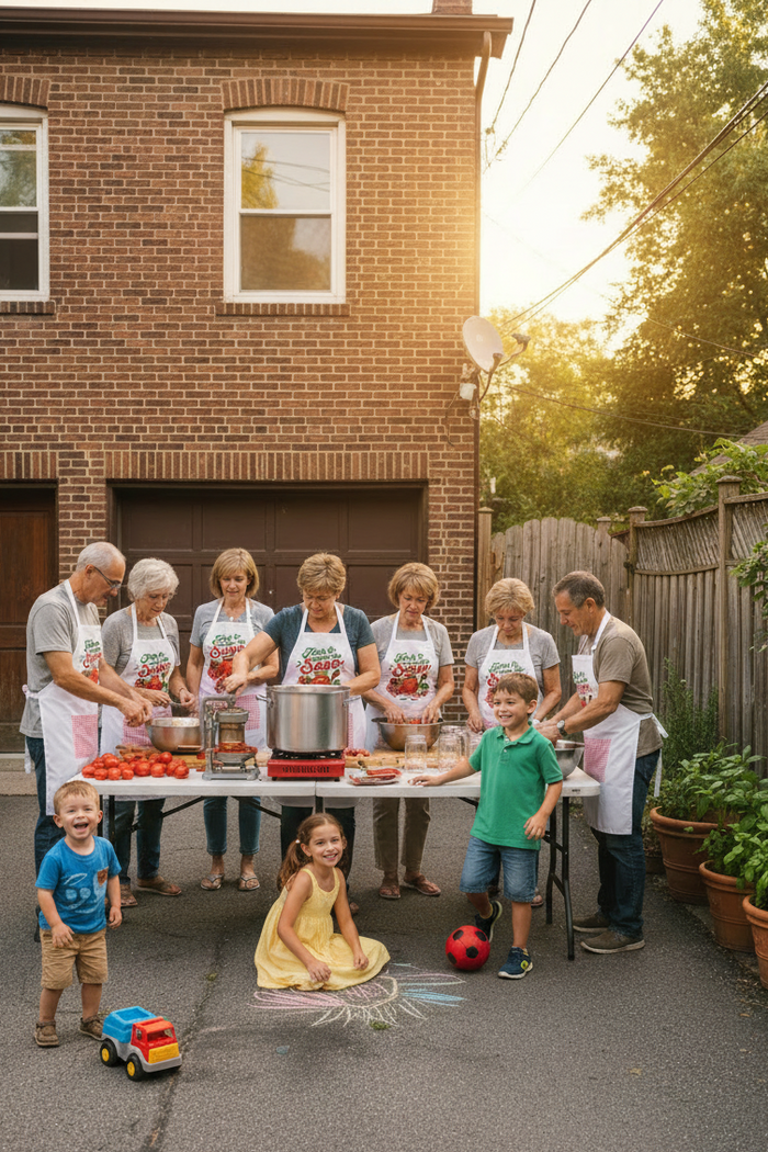 Family sauce day with children playing nearby