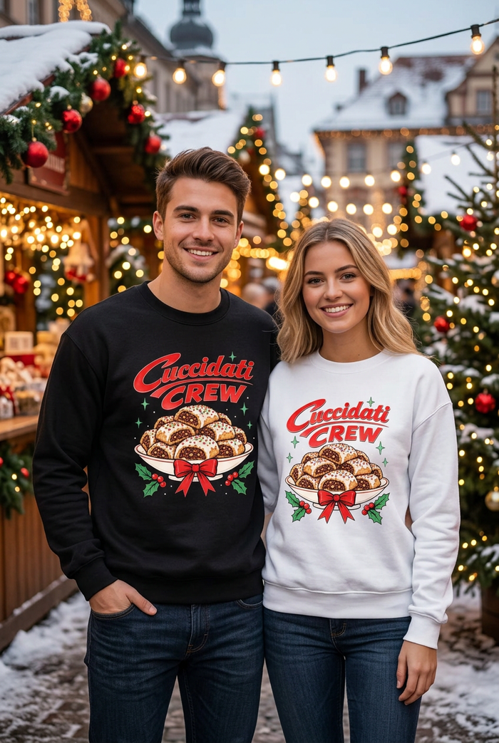 Festive outdoor Christmas photo of a young man in the black Cuccidati Crew sweatshirt and a young woman in white