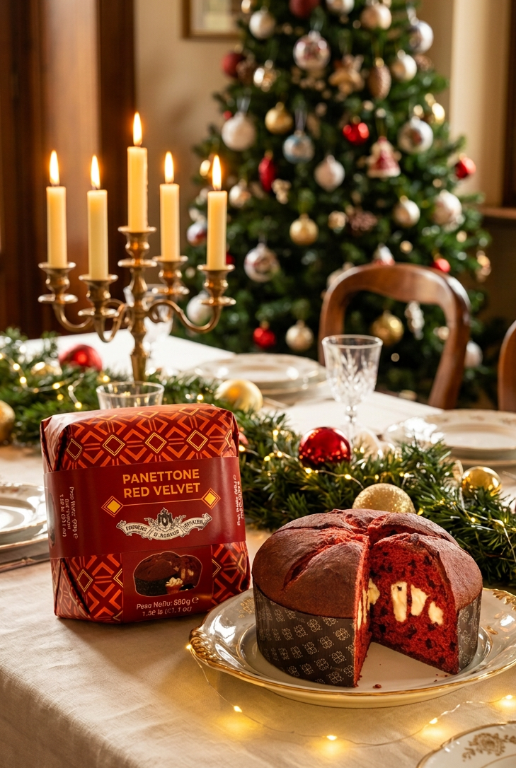 Festive panettone scene with brighter lighting on the cut cake and cream filling