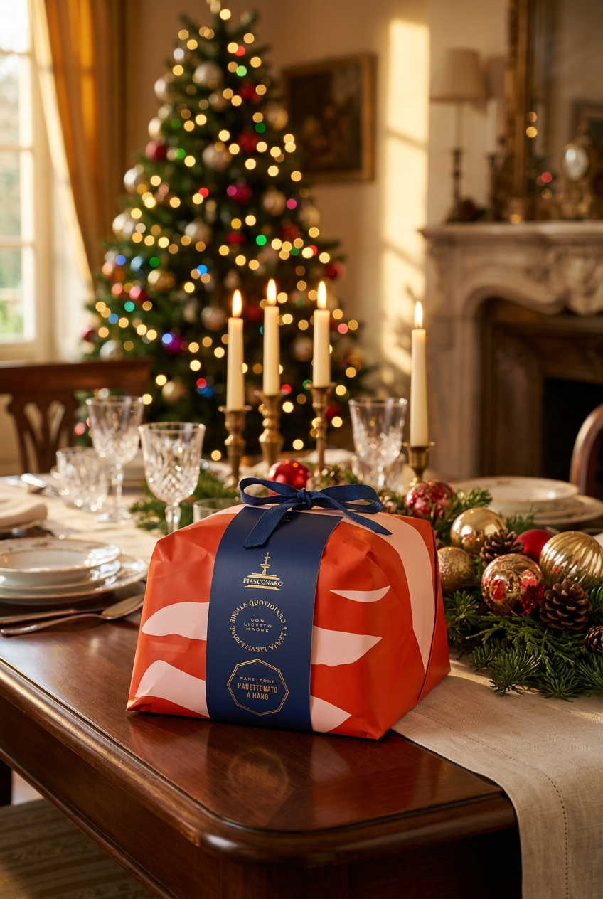Fiasconaro panettone on a festive Christmas dining table