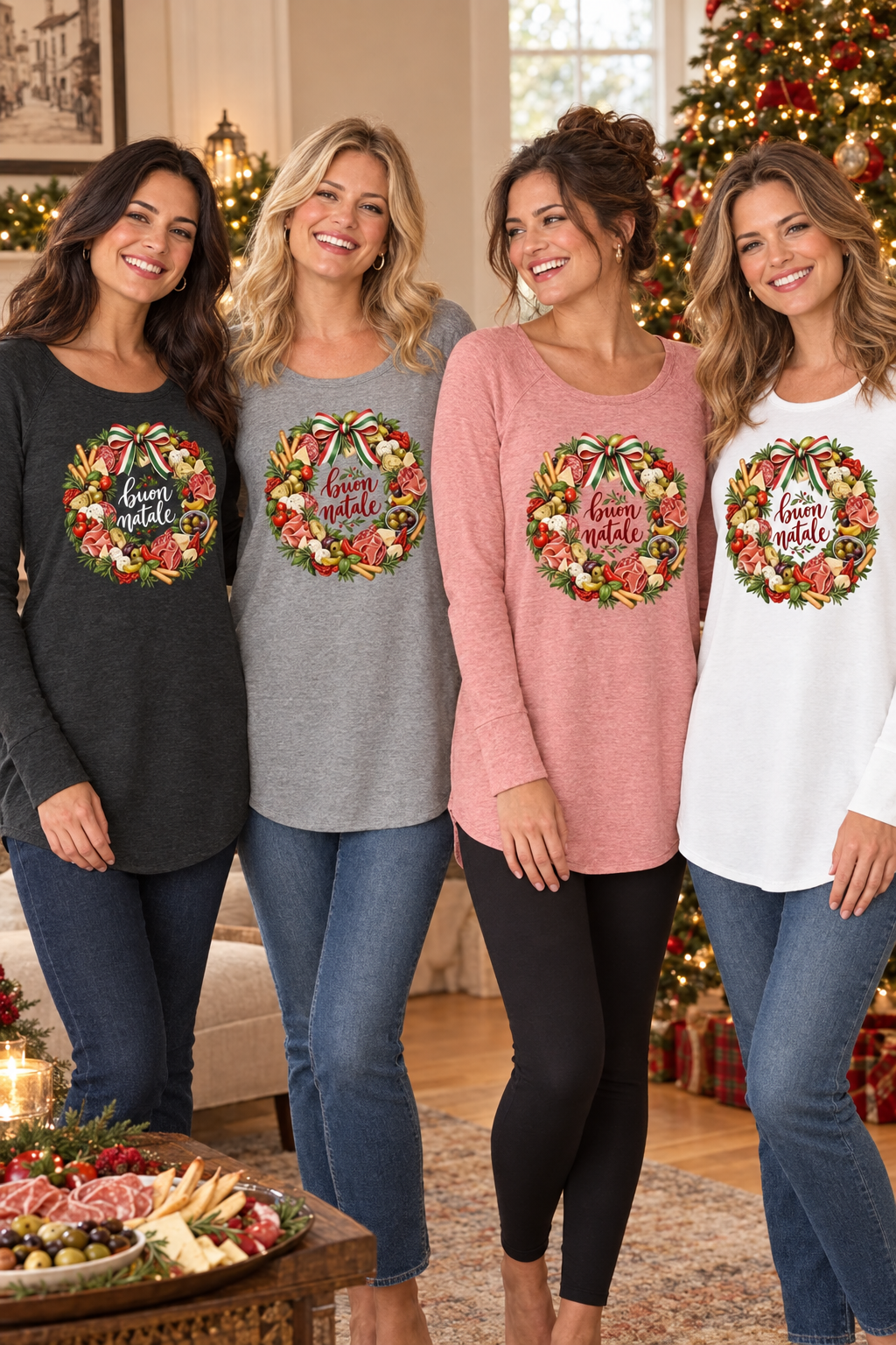 Four women wearing the black, gray, pink, and white Buon Natale Antipasto tunics in a cozy Christmas setting
