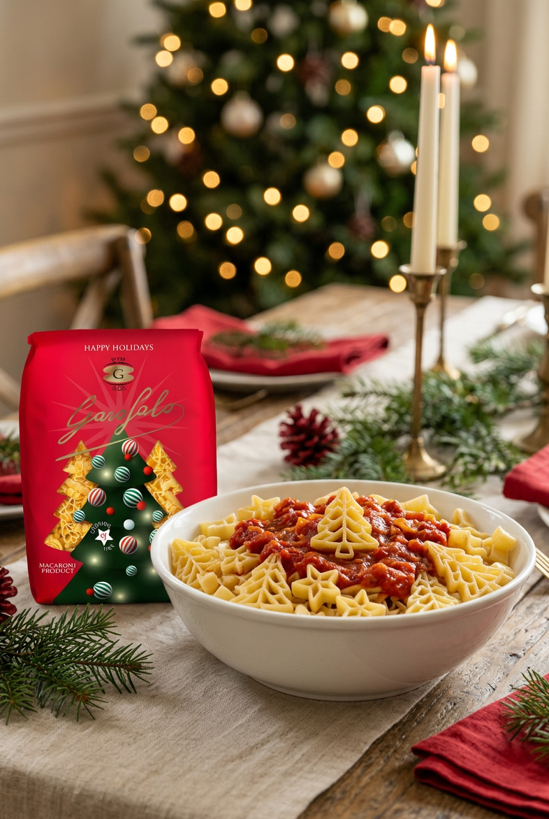 Garofalo holiday pasta package beside a large bowl of Christmas-shaped pasta with tomato sauce on a festive dining table