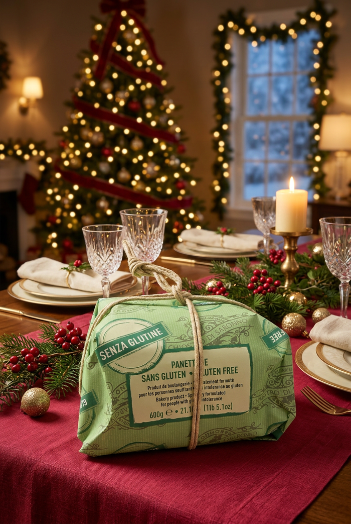 Gluten-free panettone on a festive Christmas dining table