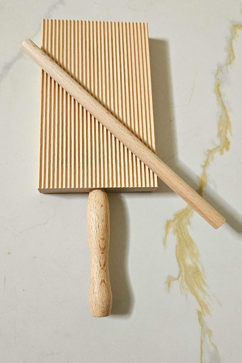 Wooden gnocchi rolling pin and square wooden rolling board