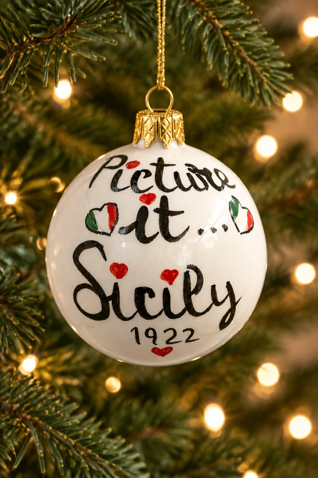 Golden Girls ornament hanging on a Christmas tree