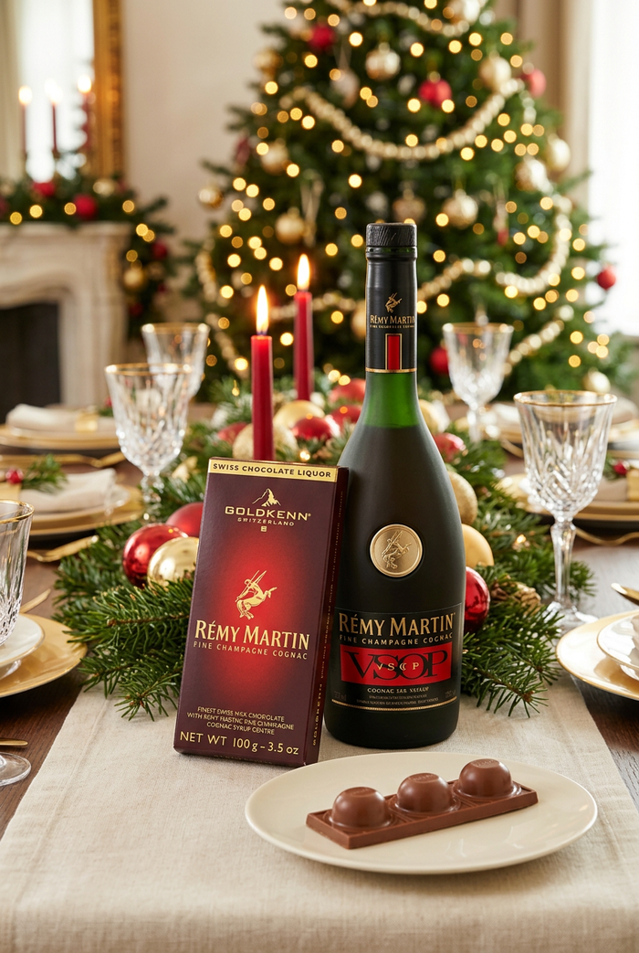 Goldkenn chocolate bar leaning against a Rémy Martin bottle with chocolate pieces on a festive Christmas dining table