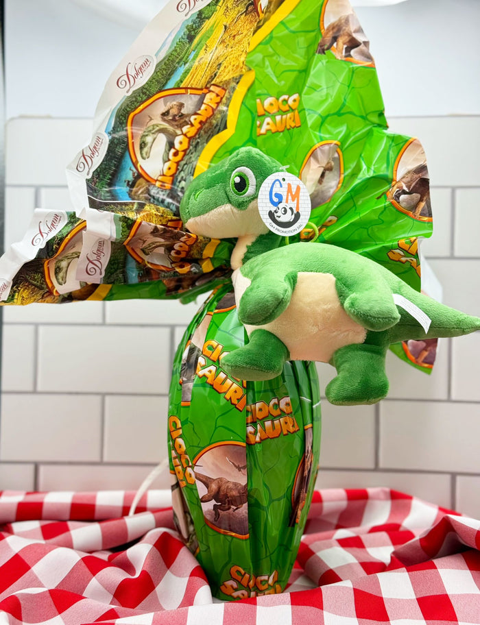 Chocolate Easter Egg with Stuffed Dinosaur