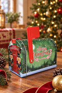 Green mini panettone mailbox tin in a Christmas setting