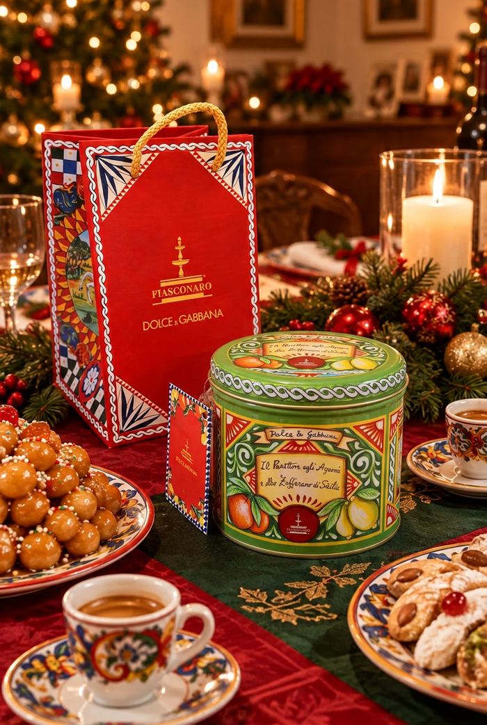 Green mini panettone tin in the Christmas table scene