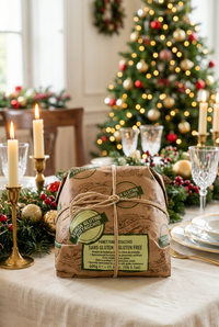 Hand-wrapped pistachio panettone on a festive Christmas dining table
