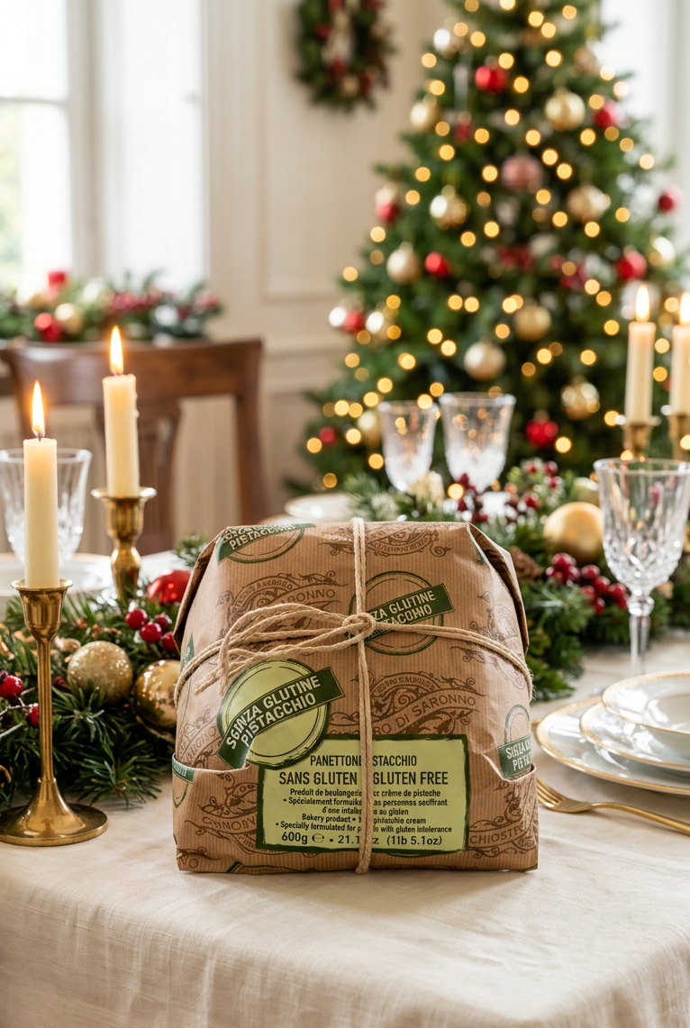 Hand-wrapped pistachio panettone on a festive Christmas dining table