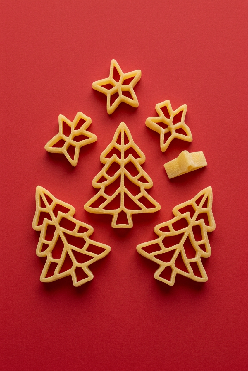 Holiday pasta on a festive red background