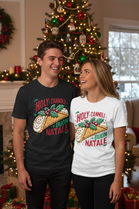 Holy Cannoli Christmas tees by the tree
