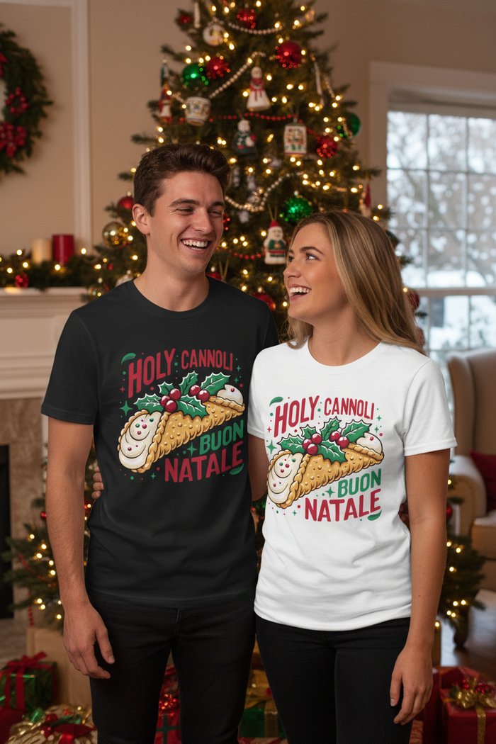 Holy Cannoli Christmas tees by the tree