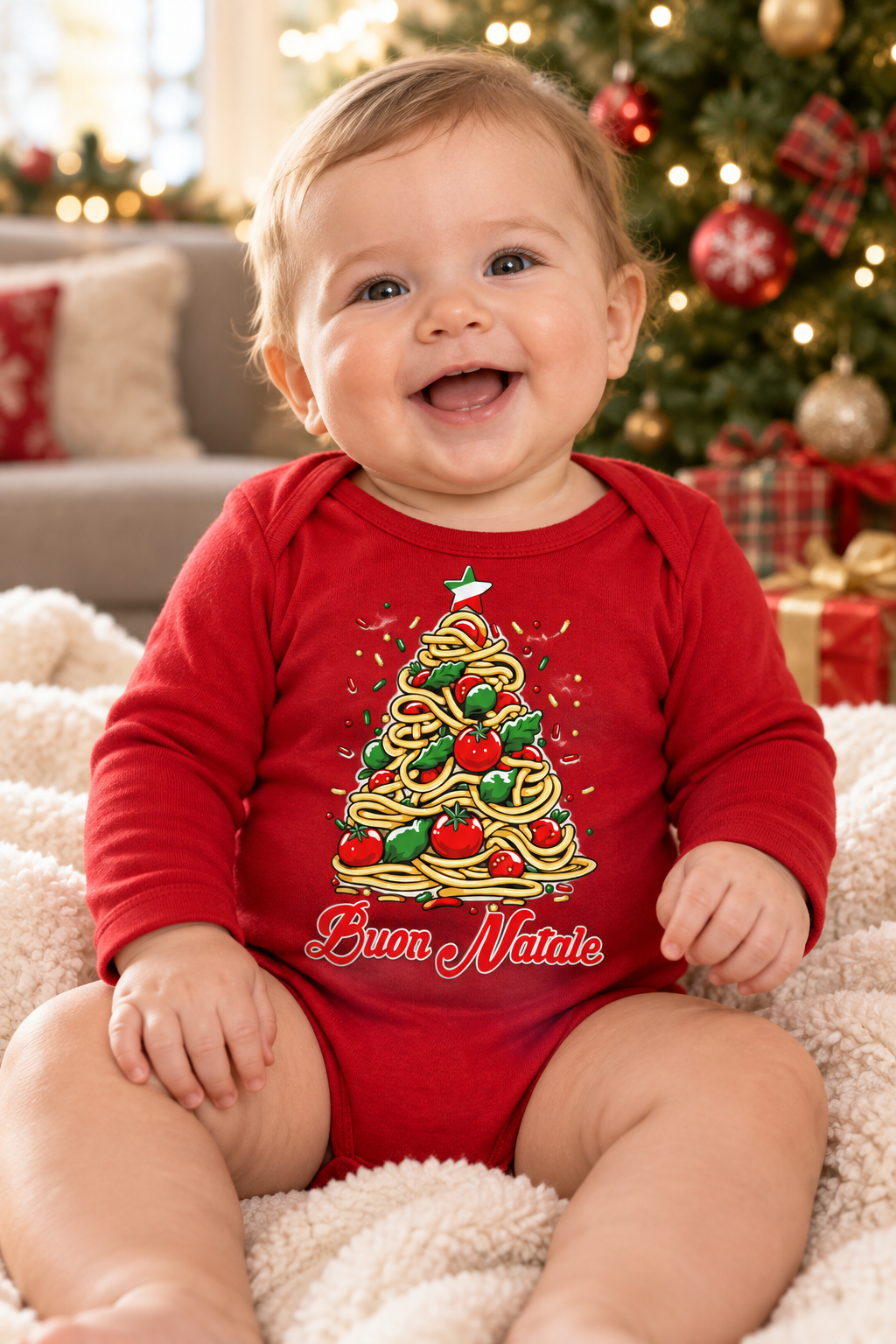 Infant in a red Buon Natale Pasta onesie at Christmas