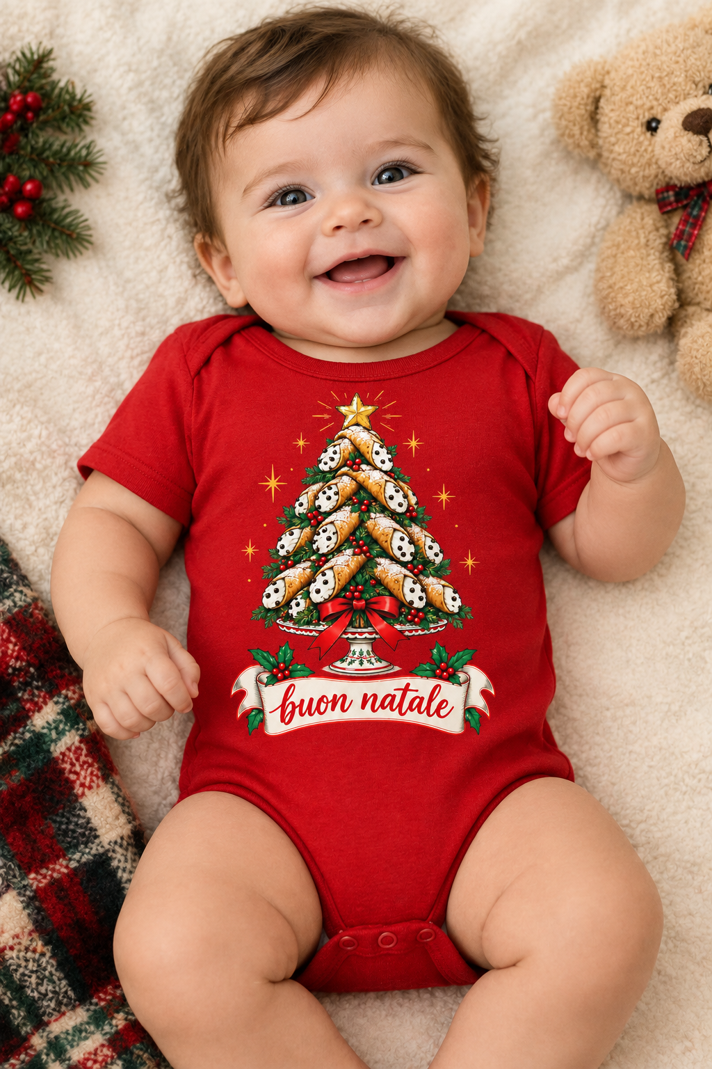 Infant in red onesie with Cannoli Tree Buon Natale logo