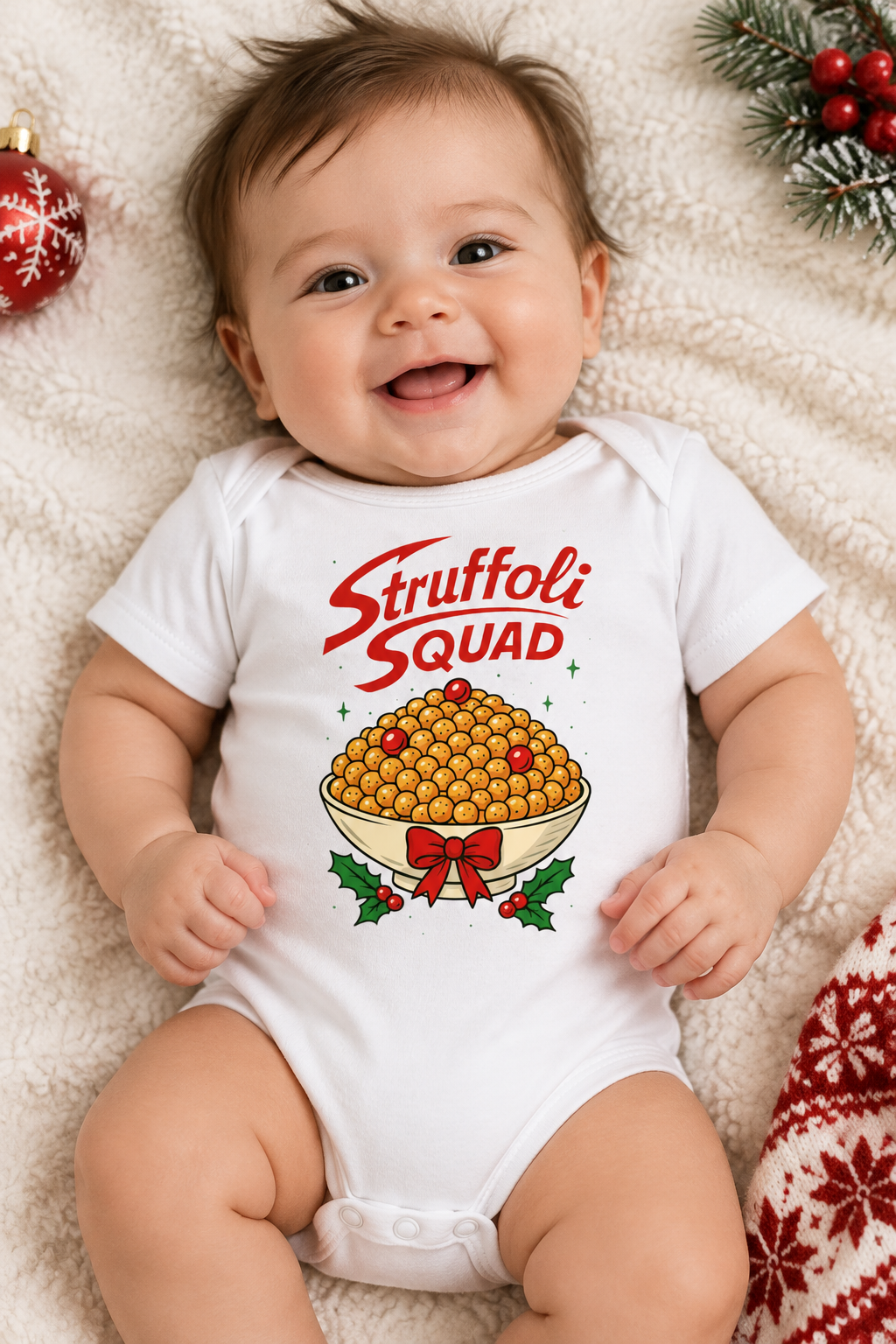 Infant in white onesie with Struffoli Squad logo