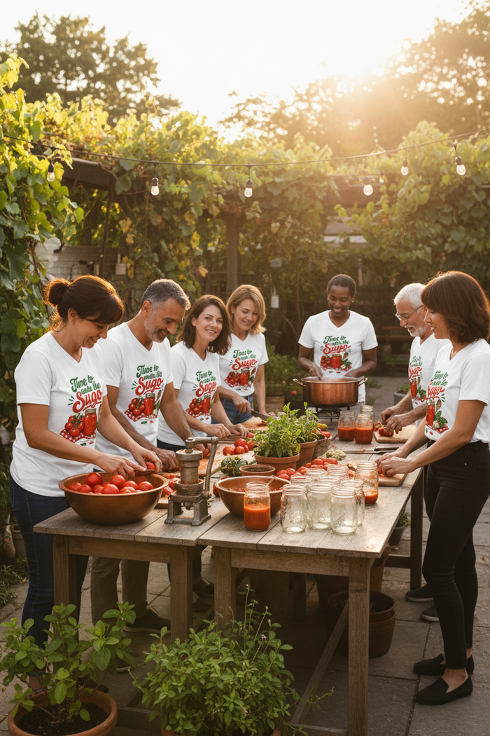 Italian family making sugo in matching shirts
