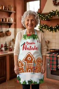 Italian grandmother standing in front of the kitchen worktable with the full Christmas apron visible